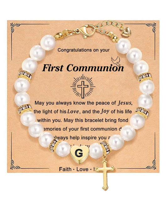 enasal First Communion Gifts for Girls Teens, Initial A-Z Cross Pearl Bracelet for Christian Catholic Daughter Goddaughter - color: Initial-G