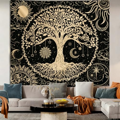 Avinyl Tree of Life Tapestry Wall Hanging, Large Black Sun Moon Tapestries - color: Black Gold Tree Tapestry, size: 60"L x 51"W
