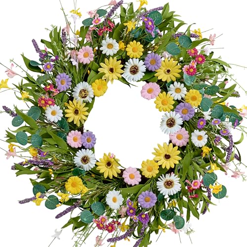 Spring Wreath 22 Inch Artificial Summer Wreath with Yellow Daisy Flowers Green Eucalyptus Leaves Lavender Spring Wreaths for Front Door Home Farmhouse Porch Wall Easter Festival - color: Multicolor