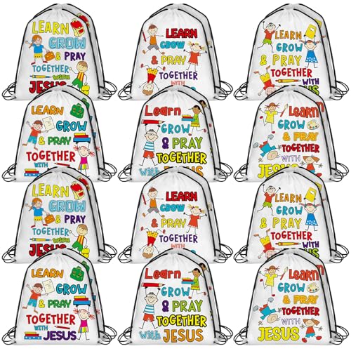 Kacctyen 24 Pcs Religious Drawstring Backpack Christian Learn Grow Pray Together with Jesus Drawstring Bags Verse Bible Easter Gift Bags for Vbs Sunday School Church Graduation Christmas Party Favors