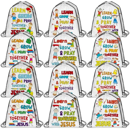 Kacctyen 24 Pcs Religious Drawstring Backpack Christian Learn Grow Pray Together with Jesus Drawstring Bags Verse Bible Easter Gift Bags for Vbs Sunday School Church Graduation Christmas Party Favors