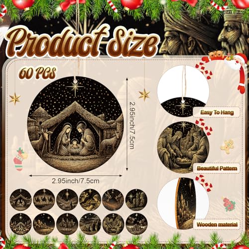 Soaoo 60 Pcs Christmas Nativity Scene Ornaments Bulk Wooden Decor, Regular - style: Regular