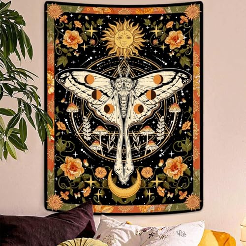 Aipon Orange Moth Tapestry Boho Retro Floral Flowers Tapestries Aesthetic Vintage Mushroom Tapestries for Bedroom Indie Small Tapestry Wall Hanging for Living Room Dorm (30'' × 40'', Orange) - color: Orange, size: 40"L x 30"W