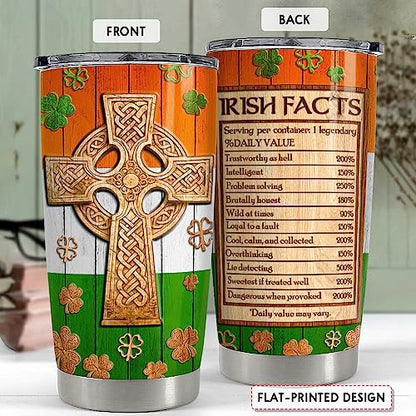 SANDJEST Irish Tumbler 20oz Celtic Cross Irish Fact Stainless Steel Tumbler with Lid Gifts for Women Birthday Christmas - color: Irish
