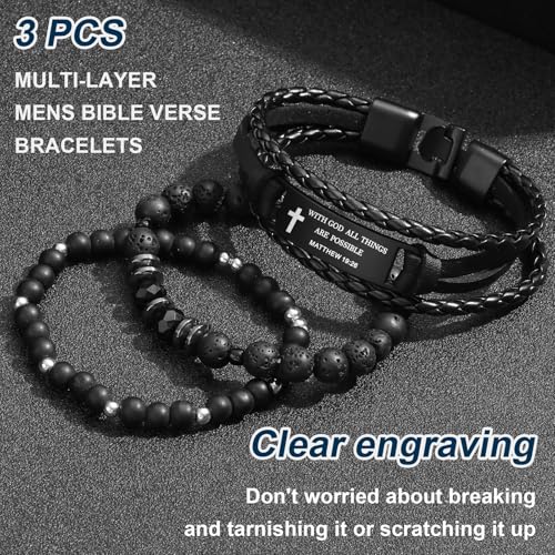 Mens Cross Bead Braided Genuine Leather Bracelet, Black Gemstone Agate Onyx Beaded Rosary Obsidian Bangle, Faith Religious Easter Catholic Christian Communion Baptism Christmas Jewelry Gift for Men - color: Set-Matthew 19:26