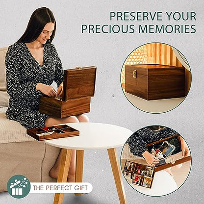 Public House Locking Wooden Keepsake Box, Customizable Design With Adjustable Tray. Large Wooden Box with Hinged Lid for Wedding and Memory Keepsakes - color: Walnut