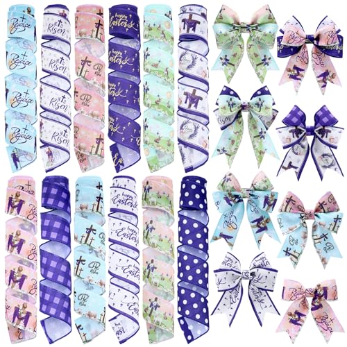 12 Rolls Spring Easter Ribbon He is Risen Cross Egg Wired Burlap Ribbon 2 Inch x 60 Lavender Purple Easter Decor Ribbons for Spring Wreath Tree Bow DIY Crafts Gift Wrapping Party Supplies 12 Styles - style: He is Risen