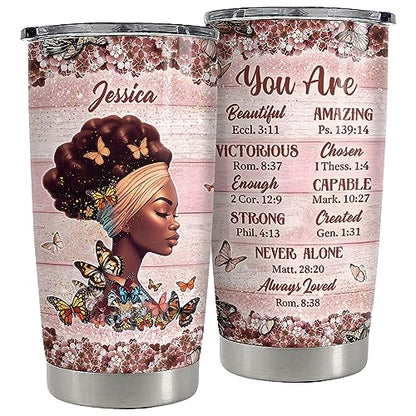 SANDJEST Personalized Black Queen Tumbler Faith Bible 20oz 30oz Tumblers with Lid Gift for African American Afro Black Girl Encouragement Birthday Women Day - color: Black Woman 1