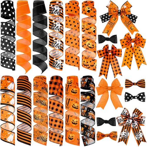12 Rolls 60 Yard Halloween Wired Ribbon for Wreath Craft Bow - style: Spider Web