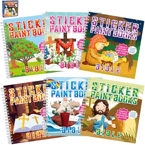6PCS Bible Paint by Stickers for Kids Ages 4-8 VBS Crafts Sticker by Number Puzzle Activity Book Christian Gift Sunday School DIY Art Kit with Religious Jesus Nativity Tree Noah’s Ark 48 Pictures - style: Bible