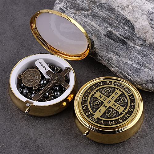 HanlinCC Catholic Rosary St.Benedict Hematite Necklace with Gold Plated Box