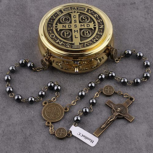 HanlinCC Catholic Rosary St.Benedict Hematite Necklace with Gold Plated Box