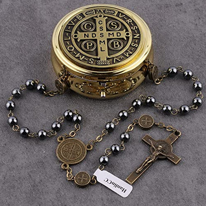 HanlinCC Catholic Rosary St.Benedict Hematite Necklace with Gold Plated Box