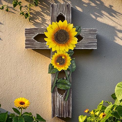 Top Brass Rustic Sunflower Wall Cross – 12” Inspirational Christian Home Décor with Sunflowers & Weathered Wood-Look Finish – Decorative Resin Garden Art