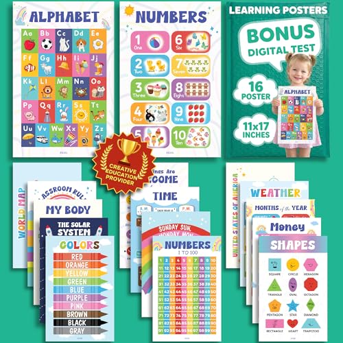 EXCOOL CLUB Toddler Learning Posters, 16 Pc 11x17 Colorful Classroom Charts - color: Learning Posters Colorful, size: 16 pcs 11x17 inch