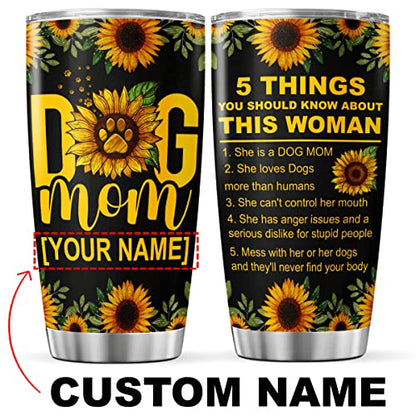 CUBICER Personalized Coffee Tumbler Sunflowers Customized Name Travel Mug Birthday Gifts For Mom Dog Lovers Stainless Steel Cup Insulated Tumblers Inspirational Quotes Mothers Day - color: Sunflowers And Dog Mom