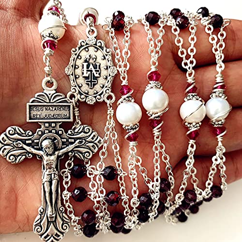 elegantmedical handmade Gold Ladder to Heaven Garnet Beads Catholic Rosary crucifix Necklace box - color: silver