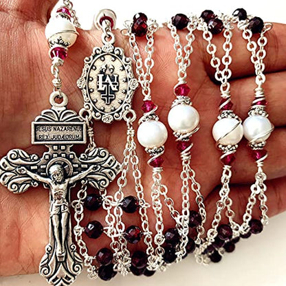 elegantmedical handmade Gold Ladder to Heaven Garnet Beads Catholic Rosary crucifix Necklace box - color: silver