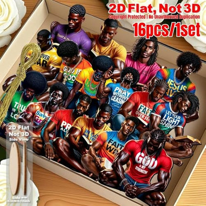 16Pcs AdornJoy African American Christian Men Wooden Ornaments, 2D Flat Faith Bible Quote Black Man Hanging Decor, Religious Scripture Pendant for Home, Yard & Holiday Decor, Christian Gift
