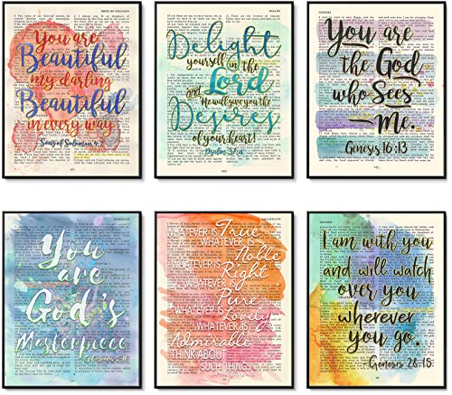 Set of 6 -Watercolor Christian Bible Verse Page Art Prints, Unframed, Song of Solomon 4:7, Psalm 37:4, Genesis 16:13, Ephesians 2:10, Philippians 4:8, Genesis 28:15, Wall Art Decor, 5x7 Inches