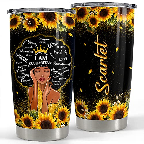 Personalized Black Queen Tumbler Sunflower Custom Name 20oz 30oz Tumblers with Lid Gift for African American Afro Black Girl Encouragement Birthday Women Day - color: Black Woman 2