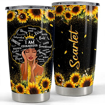 Personalized Black Queen Tumbler Sunflower Custom Name 20oz 30oz Tumblers with Lid Gift for African American Afro Black Girl Encouragement Birthday Women Day - color: Black Woman 2