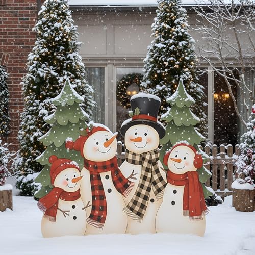 Cinnvoice Large Christmas Metal Yard Stakes Christmas Garden Stakes Waterproof Xmas Outdoor Yard Decor with Stake for Xmas Holiday Lawns Outdoor Decor(Snowman Family) - style: Snowman Family