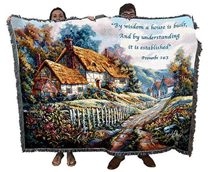 Pure Country Weavers Clospie Village Garden Blanket - Scriptures - Proverbs 24:3 - Religious Gift Tapestry Throw Woven from Cotton - Made in the USA (72x54) - color: Proverbs 24:3, size: 72" x 54"
