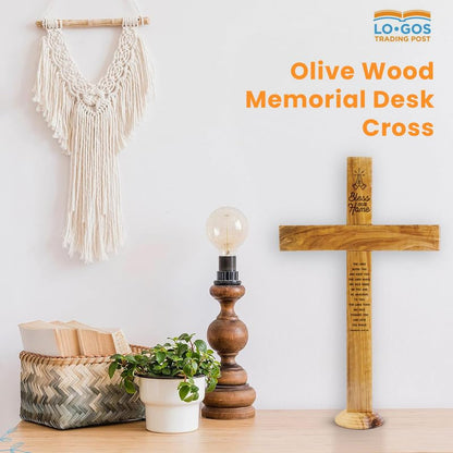 Bless Our Home Memorial Cross Stand for Desk - Genuine Handcrafted Olive Wood Large Wooden Cross From the Holy Land, Engraved Tabletop Cross Statue, Keepsake Religious Gifts for Loss of Loved One - color: Bless Our Home