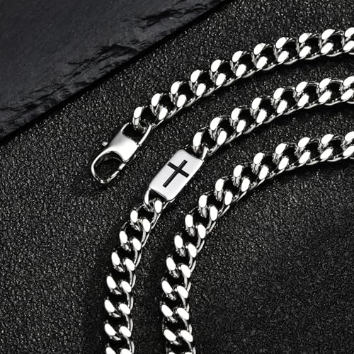 Stainless Steel Cuban Chain Cross Necklace for Mens Curb Link Waterproof - style: Isaiah 41:10