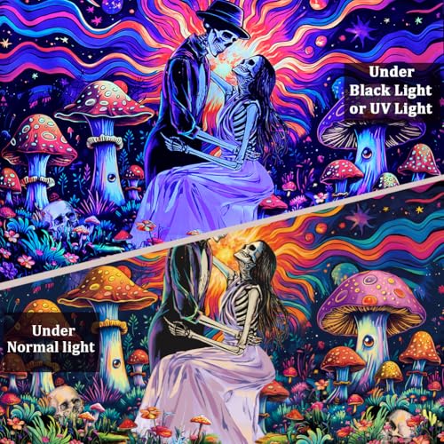 Heopapin Blacklight Skull Lovers Tapestry UV Reactive Mushroom Wall Hanging Fantasy Galaxy Space Tapestries Neon Flowers Plant Wall Hanging Tapestry for Bedroom 78.7L x 59.1W - color: skeleton, size: 78.7"L x 59.1"W