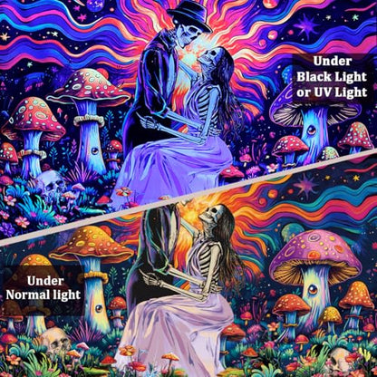 Heopapin Blacklight Skull Lovers Tapestry UV Reactive Mushroom Wall Hanging Fantasy Galaxy Space Tapestries Neon Flowers Plant Wall Hanging Tapestry for Bedroom 92.5L x 70.8W - color: skeleton, size: 92.5"L x 70.8"W