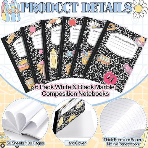 Eaasty Composition Notebook Wide Ruled Paper Assorted Marble Aesthetic Composition Notebook 100 Page 7.5" x 9.75" Journal Gift for Back to School First Day of School Students Teacher(6 Pcs,Classic) - style: Classic
