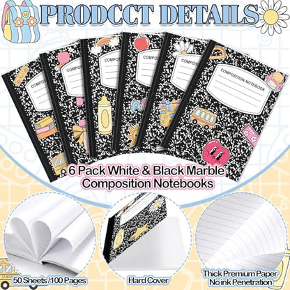 Eaasty Composition Notebook Wide Ruled Paper Assorted Marble Aesthetic Composition Notebook 100 Page 7.5" x 9.75" Journal Gift for Back to School First Day of School Students Teacher(6 Pcs,Classic) - style: Classic