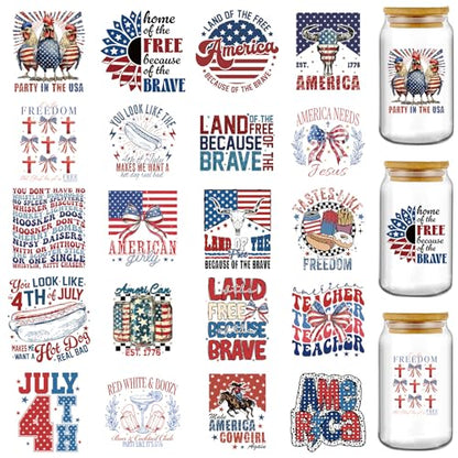 UV DTF Cup Wraps - 20 Sheets Independence Day UV DTF Transfer Stickers for 16 20 oz Glass, 250 th American Waterproof Transfer Sticker Decals for DIY Water Bottle Coffee Mug Decor 4th of July Gifts - style: 4th of July