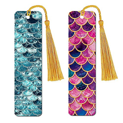 WIRESTER Set of 2 Metal Bookmarks with Light Gold Tassel for Students, Reader, Teachers, Book Lovers - Mermaid Scales Blue Wave, Pink Mermaid Scales - color: Mermaid Scales Blue Wave, Pink Mermaid Scales