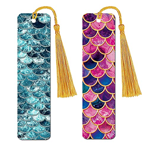 WIRESTER Set of 2 Metal Bookmarks with Light Gold Tassel for Students, Reader, Teachers, Book Lovers - Mermaid Scales Blue Wave, Pink Mermaid Scales - color: Mermaid Scales Blue Wave, Pink Mermaid Scales