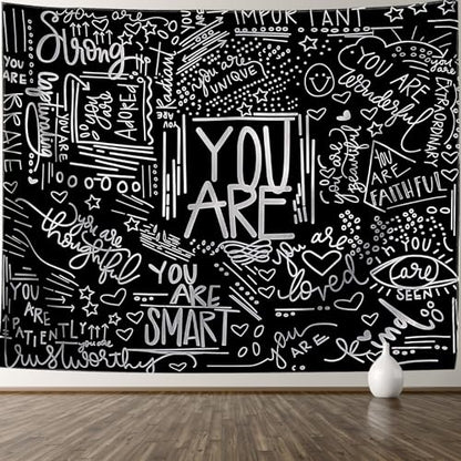 KJHL Black and White Quotes Motivational Tapestry Wall Hanging for Bedroom - color: Black, size: 48"L x 36"W