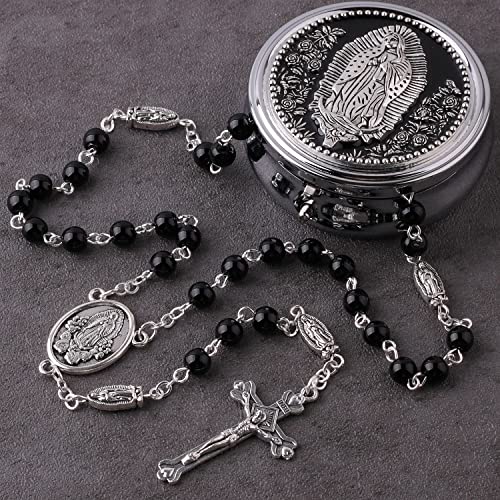 HanlinCC Guadalupe Catholic Rosary Glass Pearl Beads Necklace with Gift Box - color: Guadalupe Rosary Black