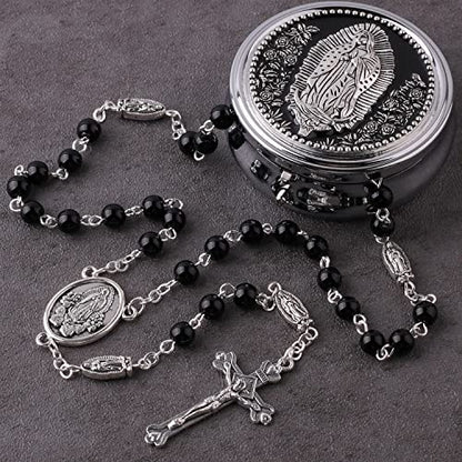 HanlinCC Guadalupe Catholic Rosary Glass Pearl Beads Necklace with Gift Box - color: Guadalupe Rosary Black