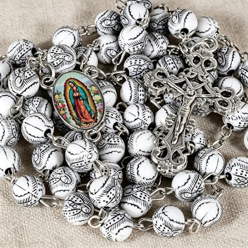 Handmade Rosary Beads for Women, Elegant Catholic Gifts for First Communion, Confirmation & Spiritual Prayer, Unique Beaded Rosary Necklace with Zippered Case - color: White - Our Lady of Guadalupe