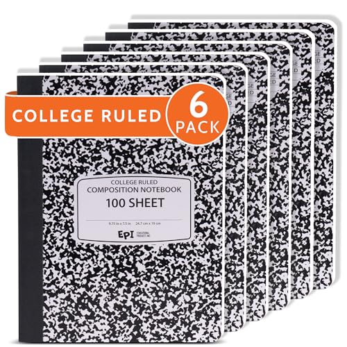 6 Pack - EPI College Ruled Composition Notebook Black - 200 Pages (100 Sheets), 9-3/4 x 7-½ - Classroom Back to School Supplies, Heavy Duty, Durable Hardcover Office Notebooks, Sewn - size: Pack of 6, style: College Ruled