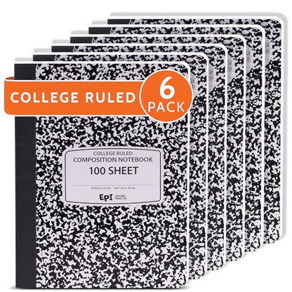 6 Pack - EPI College Ruled Composition Notebook Black - 200 Pages (100 Sheets), 9-3/4 x 7-½ - Classroom Back to School Supplies, Heavy Duty, Durable Hardcover Office Notebooks, Sewn - size: Pack of 6, style: College Ruled