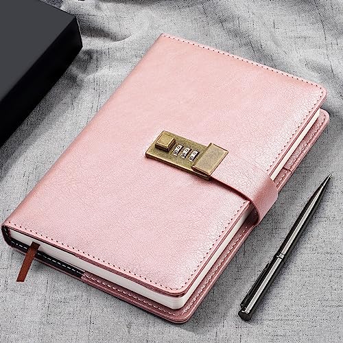 WEMATE Diary with Lock, A5 PU Leather Locked Journal 240 Pages Rose Gold - color: Rose Gold