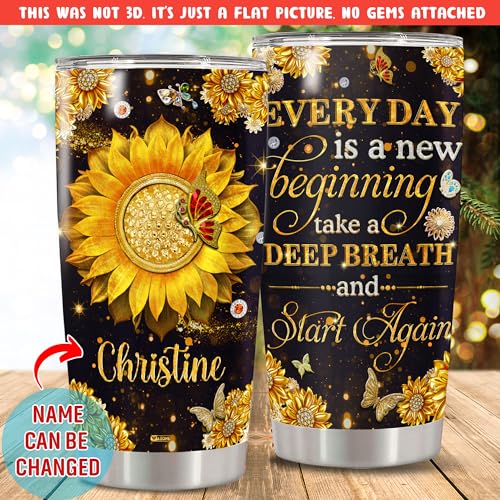 WAZONE Personalized Sunflower Insulated Tumbler 20oz 30oz Every Day Is A New Beginning Motivational Sayings Custom Name Gifts For Women Friends Stainless Steel With Lid Vacuum Travel Cup Mug - color: Sunflower