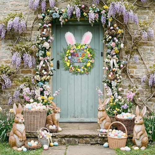 22 Inch Easter Egg Wreath for Front Door Bunny Ear & Happy Easter Sign Decor Wreath for Porch Window Indoor Outdoor Easter Holiday Wreath - color: Easter Rabbit Wreath