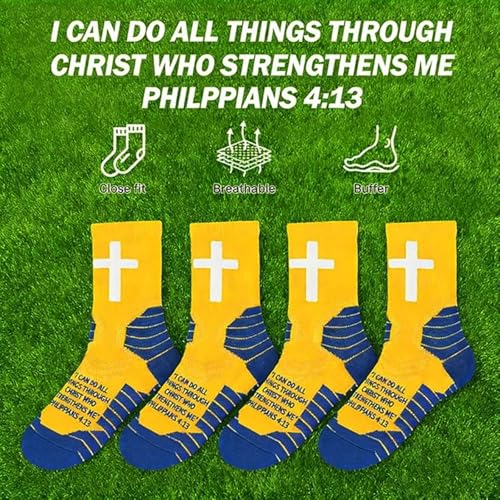 3 Pair Christian Cross Grip Soccer Socks - Moisture-Wicking Anti-Slip Grips Sports Sock with Bible for US 6-13 - color: Yellow