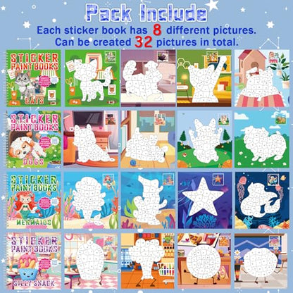 4Pcs Paint by Sticker Books Sticker by Number Books Activity Puzzle Book Craft Art Gift with Mermaid Cat Dog Silly Snack 32 Pictures Sticker by Number Book Set Party Favors - style: Cute Cartoon