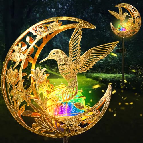 Solar Lights Outdoor Decor Hummingbird Colorful Cracked Glass Moon Lights - color: Colorful Hummingbird