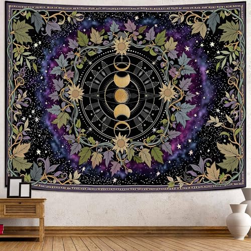 Faxdong Boho Moon Phase Tapestry, Aesthetic Celestial Zodiac Tapestries, Starry Nebula and Vine Mystic Decor for Bedroom Living Room Space - color: Purple, size: 48"L x 36"W